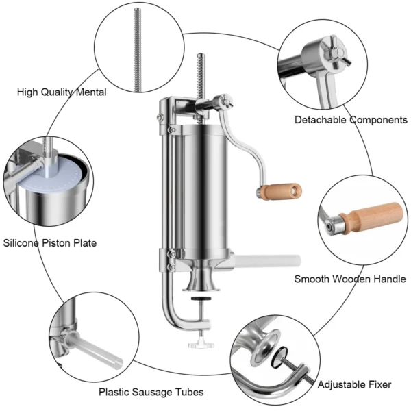 2,5kg Worstvuller Handmatig Worstmachine Van Roestvrij Staal Worstmachine Zilver Worstpers Met Tafelklem Worstspuit Incl. 4 Vulbuizen - Image 4