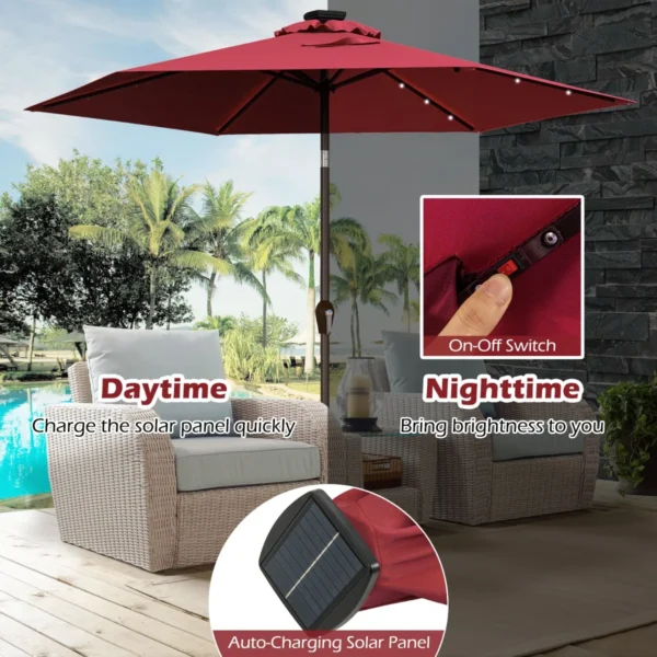 2,7 M Kantelbare Parasol Met LED-Verlichting Op Zonne-Energie Verkeerslicht Parasol Tuinparasol Stalen Steel Polyester Stof Rood - Image 7
