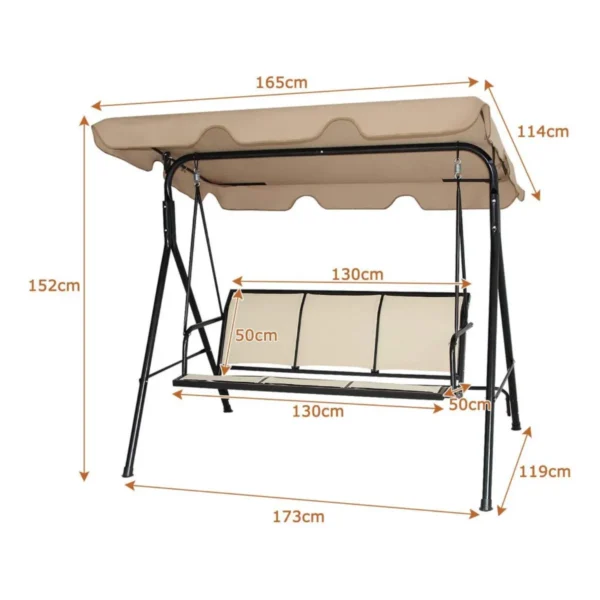 3 Persoons Schommelbank Stalen Frame Met Polyester In Hoek Verstelbare Luifel Weerbestendige Schommelbank - Bruin - Image 2