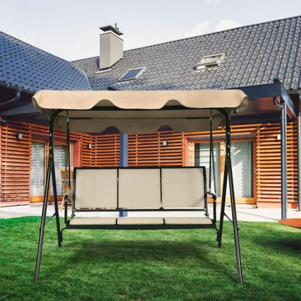 3 Persoons Schommelbank Stalen Frame Met Polyester In Hoek Verstelbare Luifel Weerbestendige Schommelbank - Bruin - Image 7