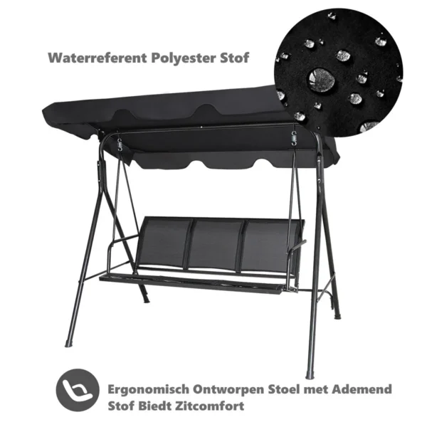 3 Persoons Schommelbank Stalen Frame Met Polyester In Hoek Verstelbare Luifel Weerbestendige Schommelbank - Zwart - Image 4