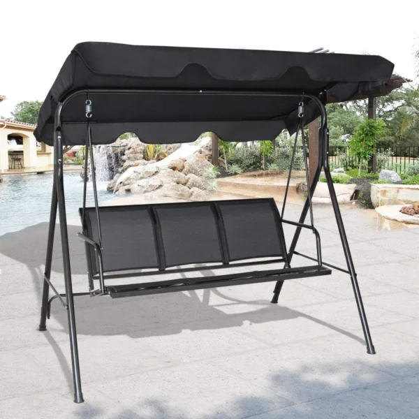 3 Persoons Schommelbank Stalen Frame Met Polyester In Hoek Verstelbare Luifel Weerbestendige Schommelbank - Zwart - Image 5