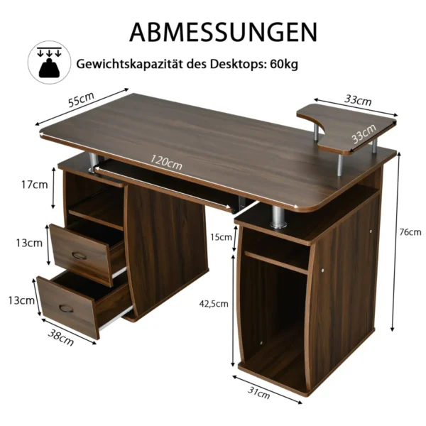 Bureau Computertafel Kantoortafel PC-Tafel Met Printerschap Toetsenbordlade Walnoot - Image 3
