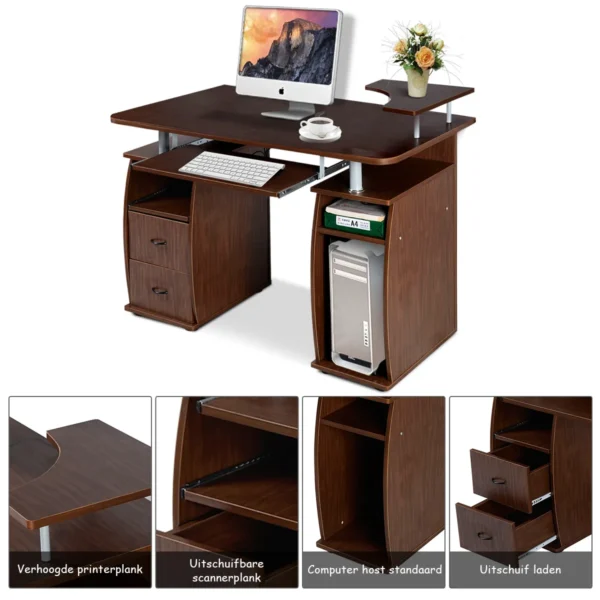 Bureau Computertafel Kantoortafel PC-Tafel Met Printerschap Toetsenbordlade Walnoot - Image 6