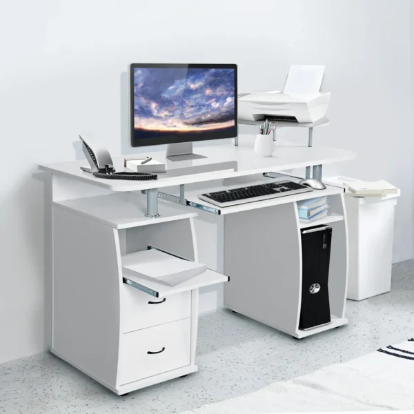 Computertafel Bureau Kantoortafel Werktafel PC-Tafel Met Toetsenbordlade Laden Printerplank 120 X 55 X 85cm Wit - Image 6