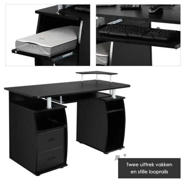 Computertafel Bureau Kantoortafel Werktafel PC-Tafel Met Toetsenbordlade Laden Printerplank 120 X 55 X 85cm - Zwart - Image 5
