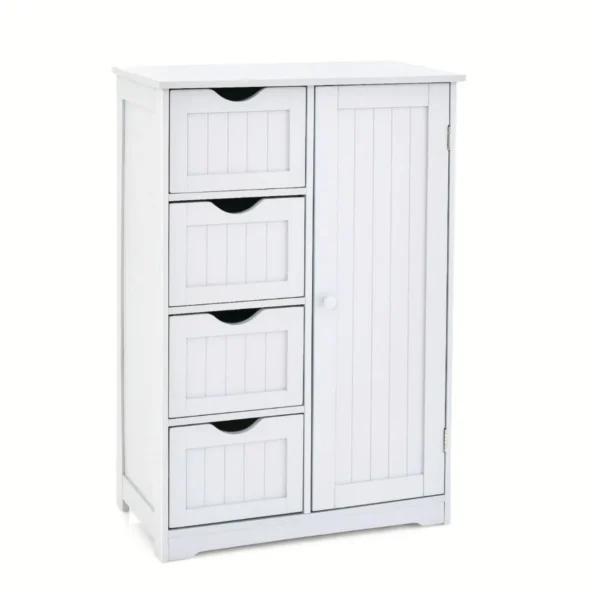 Ladekast Met 1 Kast En 4 Lades Houten Vrijstaande Opbergkast Met Verstelbare Plank In 3 Standen Badkamer Vloerkast Wit - Image 2