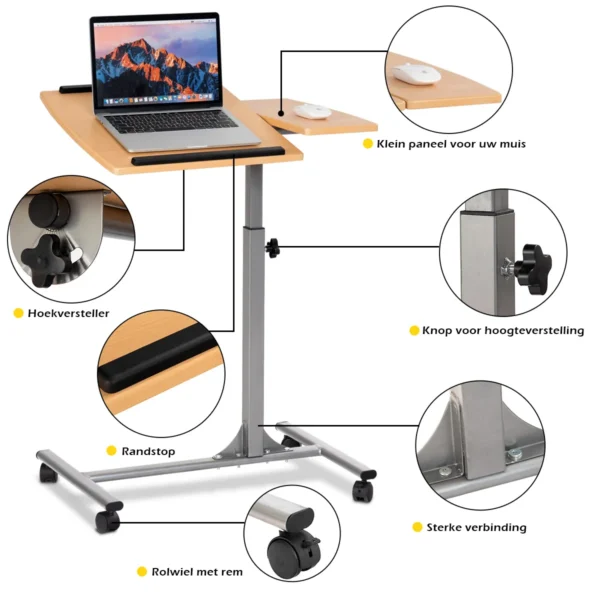 Laptopbord In Hoogte Verstelbaar Notebookbord Bedbord Met Wielen En Remmen Naturel 64 X 44 X 64-95 Cm - Image 5