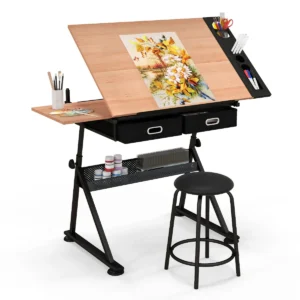Tekentafel Met Kruk Bureau Met Kantelbaar Tafelblad Studentenbureau Met 2 Laden Werktafel Voor Architect En Kunstenaars (Natuur)