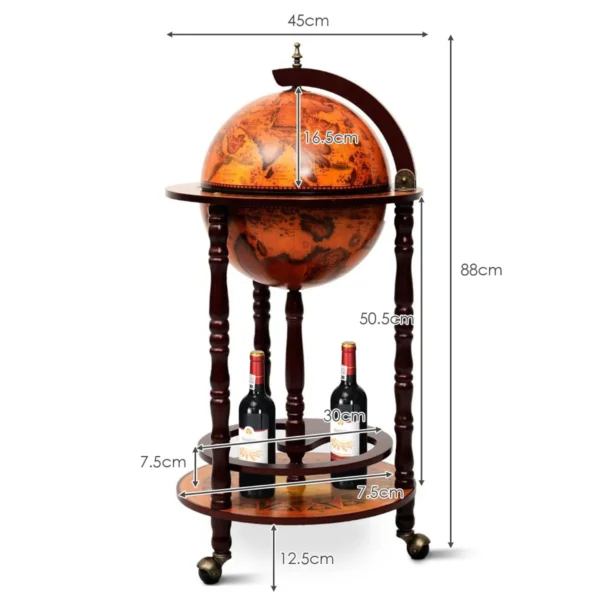 Wereldbol Hout Wijnbar Standaard 16e Eeuw Italiaans Rek Drankfles Plank Met Wielen (Retro Bruin) - Image 2